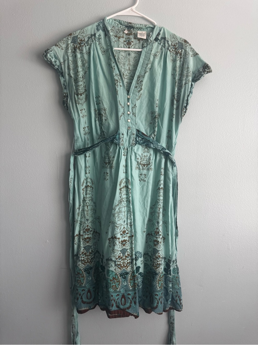 Light Teal Printed V-Neck Women’s Dress